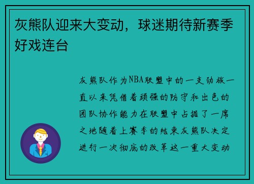 灰熊队迎来大变动，球迷期待新赛季好戏连台
