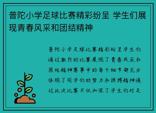 普陀小学足球比赛精彩纷呈 学生们展现青春风采和团结精神