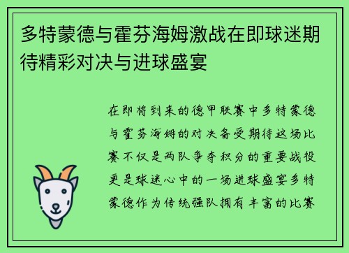 多特蒙德与霍芬海姆激战在即球迷期待精彩对决与进球盛宴